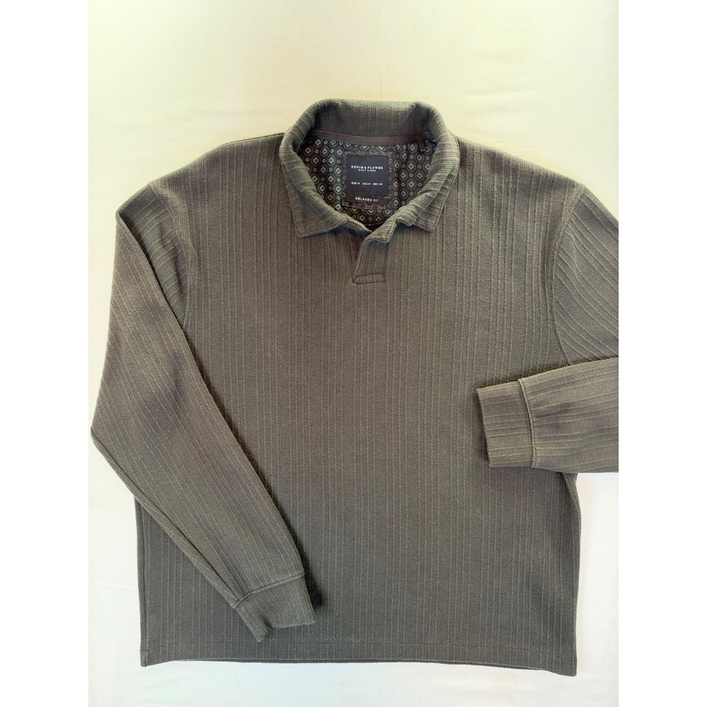Denim & Flower Ricky Singh Mens Relaxed Fit Ribbed Long Sleeve Polo Shirt Grey M
